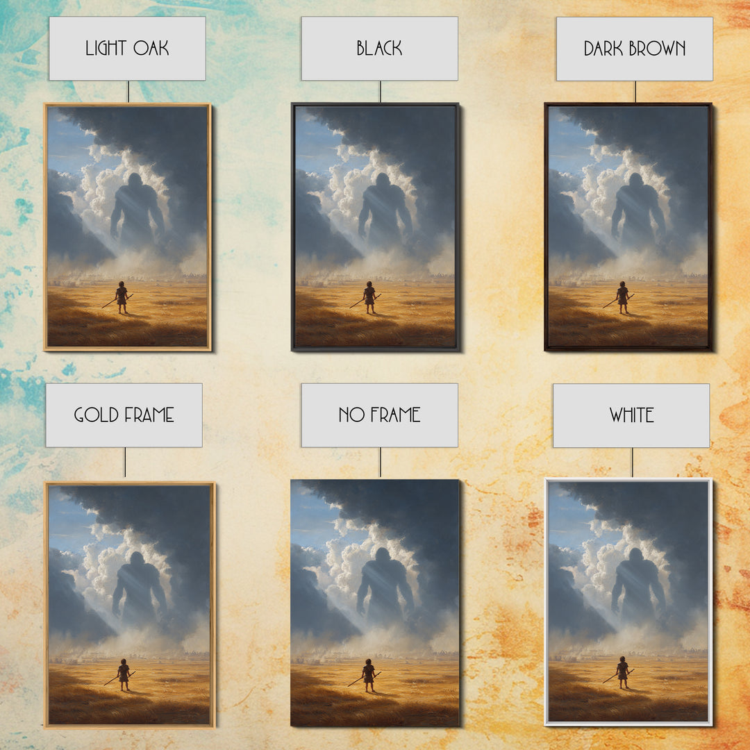 Epic Battle Scene With Warrior Facing Giant Shadow In Dramatic Landscape Wall Art Canvas Print
