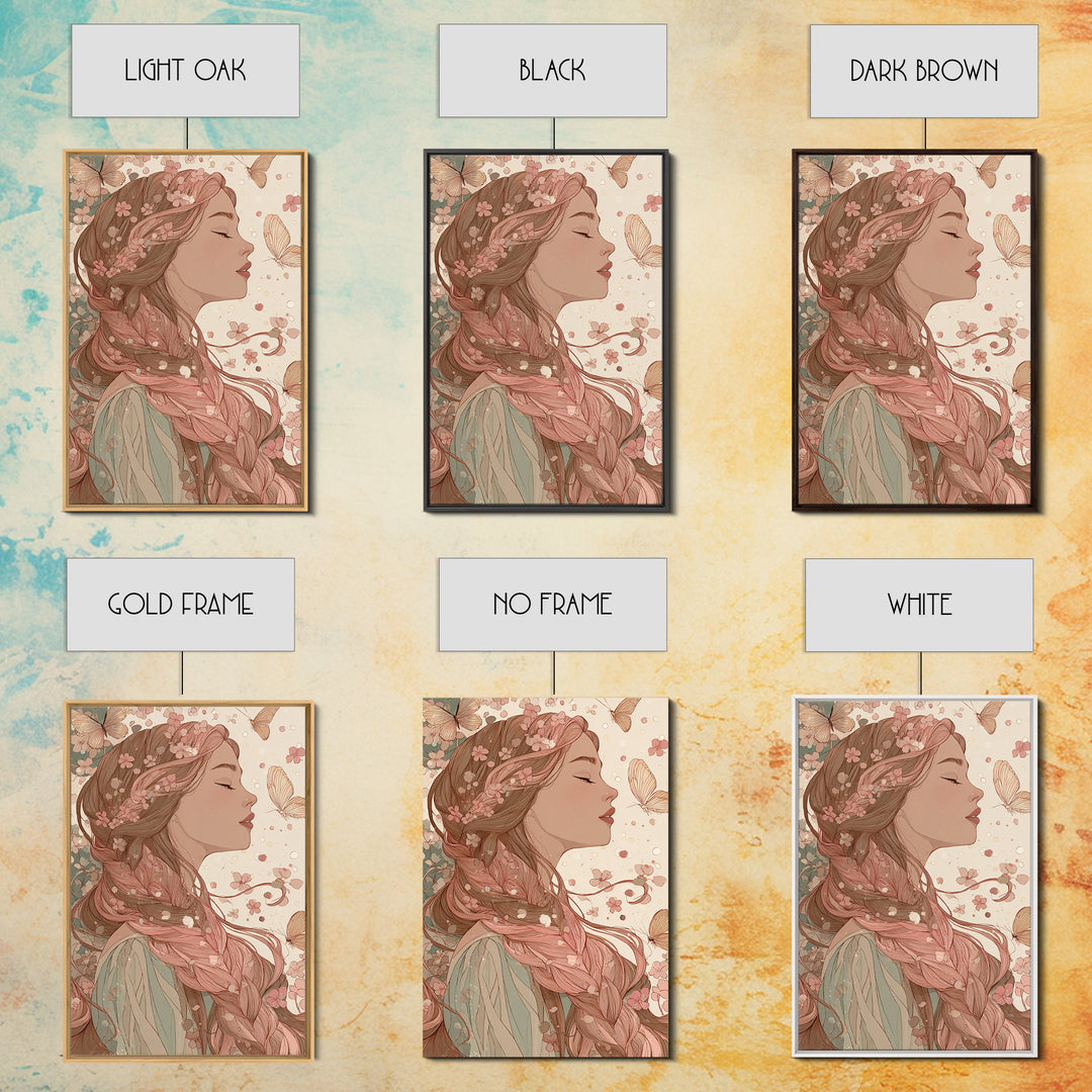 Art Nouveau Woman With Butterflies Framed Canvas Print, Feminine Wall Art, Floral Portrait, Romantic Bedroom Decor, Gift For Her