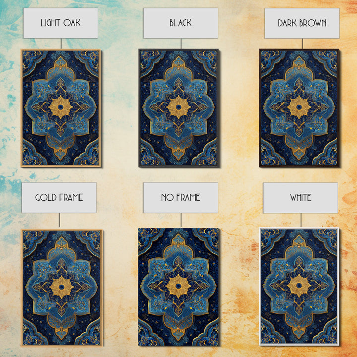 Luxurious Blue And Gold Ornate Mandala Pattern Modern Wall Decor Framed Canvas Print For Elegant Spaces
