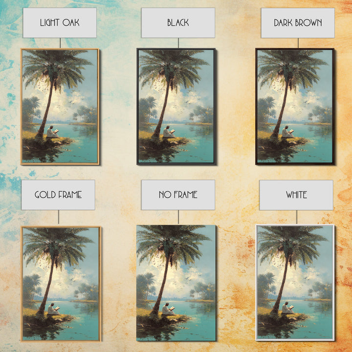 Serene Middle Eastern Landscape With Man Reading By Palm Tree Vintage Style Painting Wall Art Canvas Print
