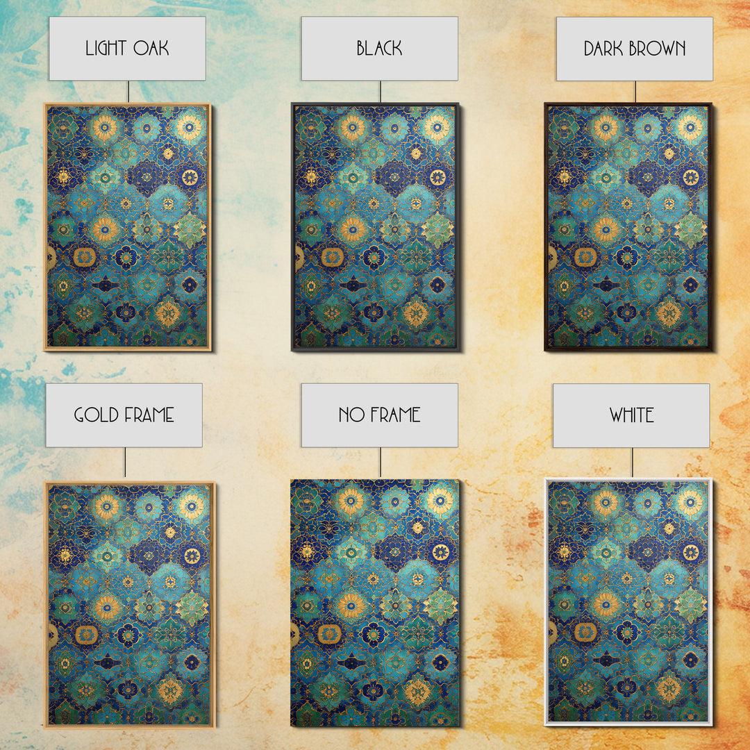 Blue And Gold Islamic Geometric Tile Art Elegant Framed Canvas Print For Traditional Home Decor Or Thoughtful Gift