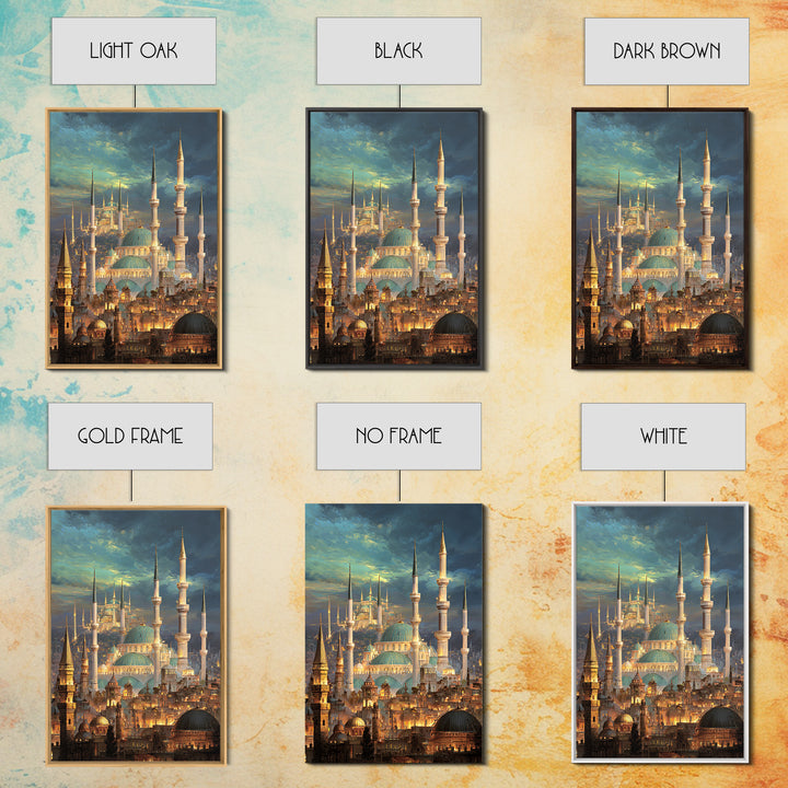 Elegant Cityscape Painting Of Historic Minarets And Domes With Glowing Lights At Dusk Wall Art Canvas Print