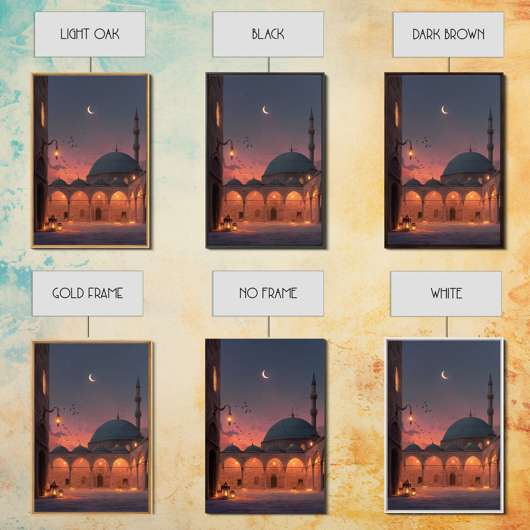 Magical Mosque Courtyard At Dusk With Lanterns And Crescent Moon Vibrant Islamic Wall Art Framed Canvas Print