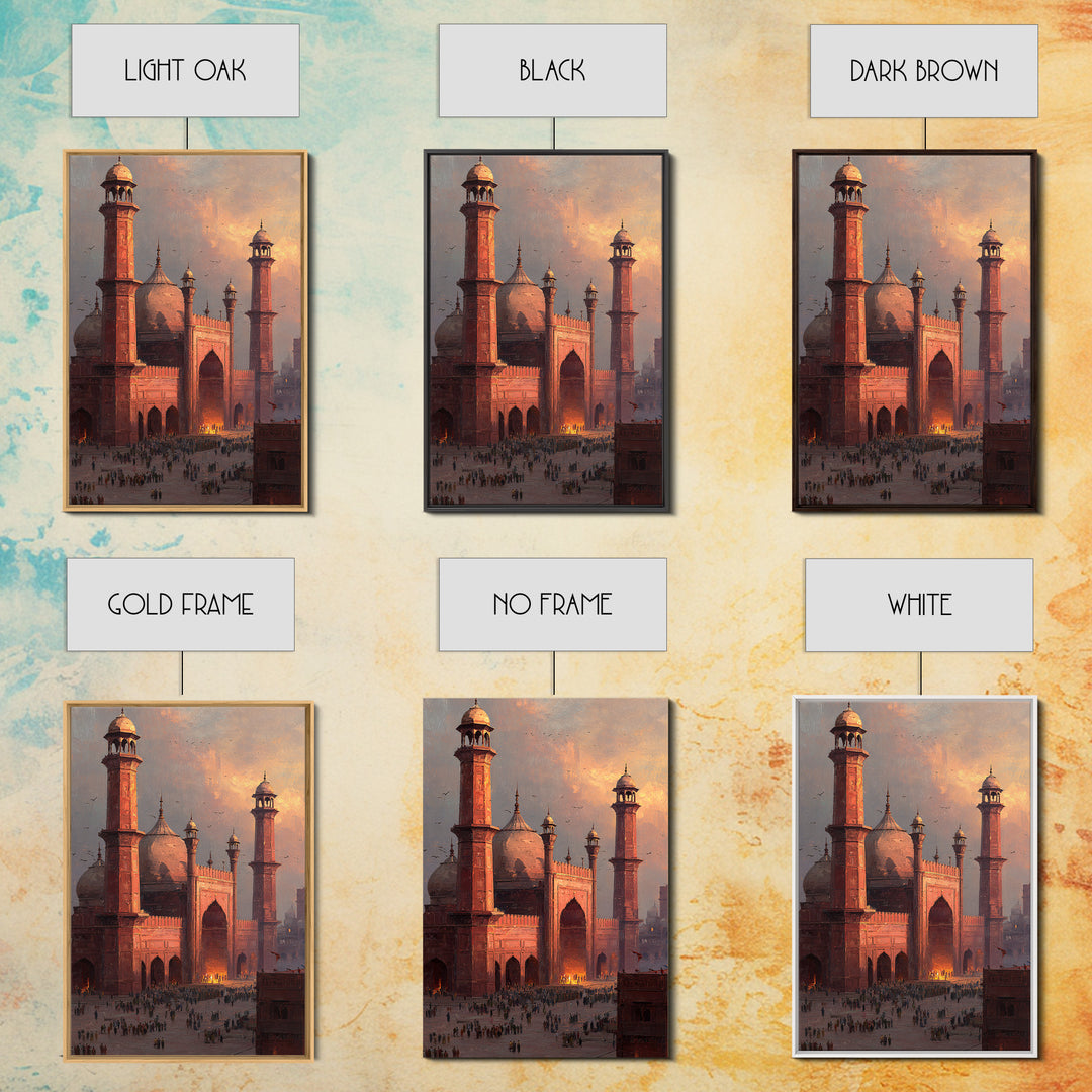 Historic Red Mosque Sunset Scene With Crowds And Birds Captured In Beautiful Oil Painting Wall Art