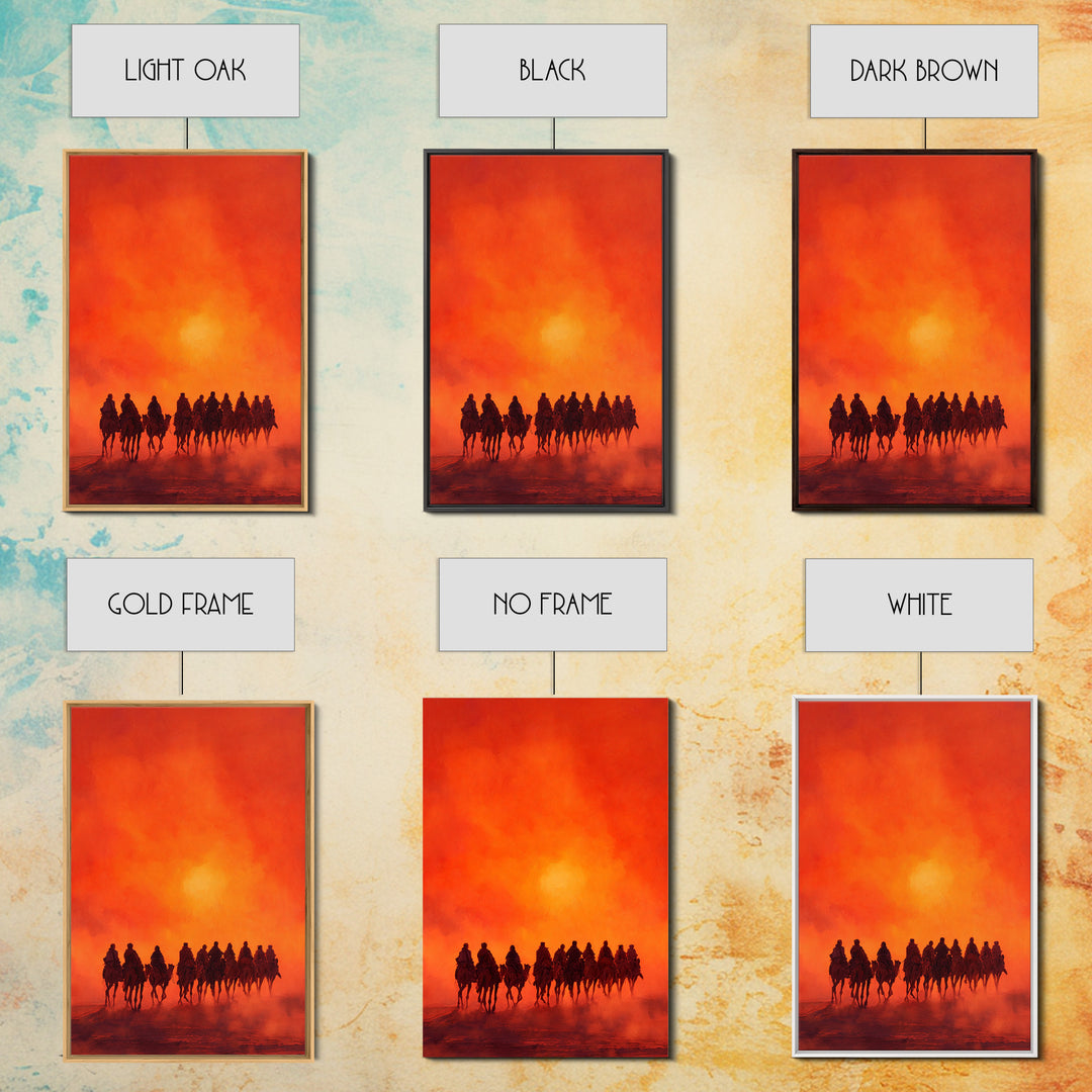 Silhouettes Of Travelers On Camels Against Vibrant Orange Sunset Desert Landscape Wall Art Canvas Print