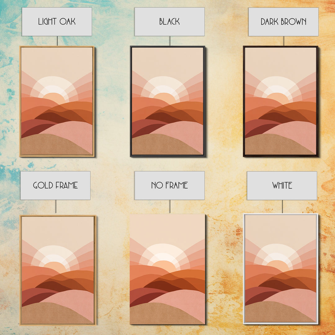 Terracotta Desert Sunrise Over Layered Hills Framed Canvas Print, Boho Wall Art, Earth Tone Decor, Large Abstract Landscape