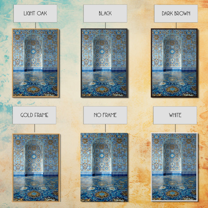 Intricate Islamic Tile Pattern Blue And Gold Wall Art Framed Canvas Print Featuring Elegant Cultural Home Decor Or Gift