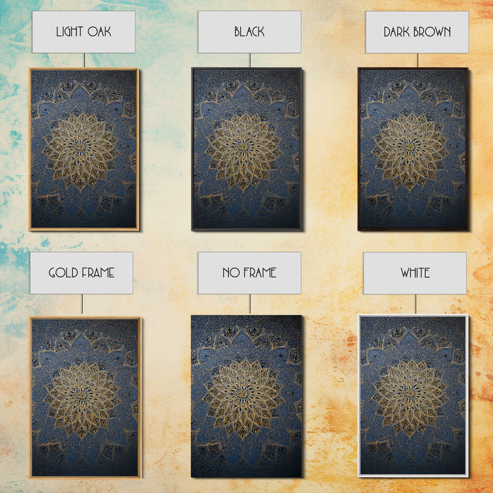 Intricate Blue And Gold Islamic Mandala Wall Art With Ornate Patterns Framed Canvas Print For Elegant Modern Home Decor