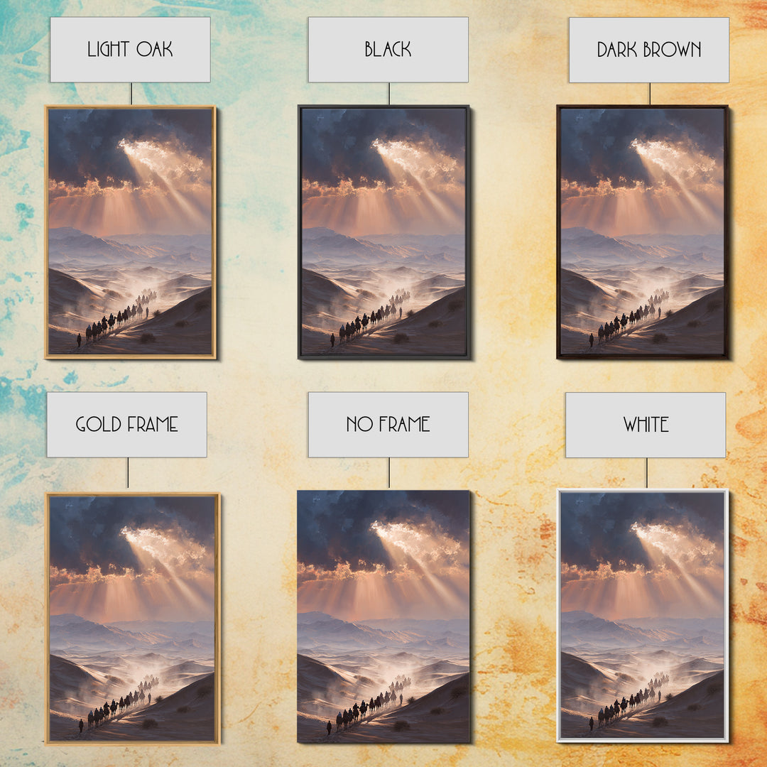 Desert Caravan Landscape Painting Dramatic Sunset Wall Art Framed Canvas Print For Southwest Home Decor Gift