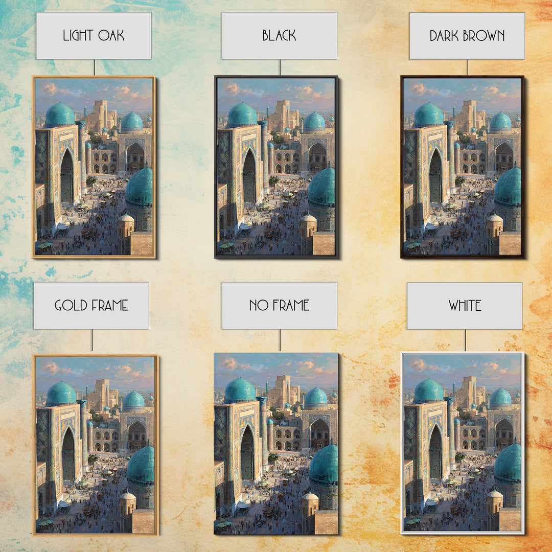 Sunlit Oriental Market Street With Blue Domed Buildings Painting Wall Art Framed Canvas Print