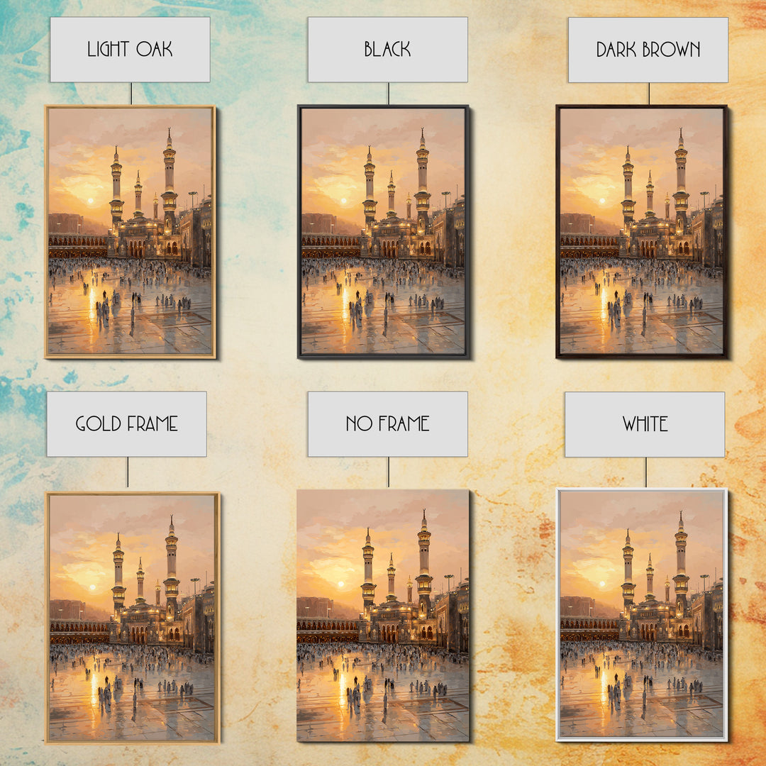 Sunset Over Mecca Mosque Digital Painting Wall Art Framed Canvas Print For Islamic Home Decor And Spiritual Gifts