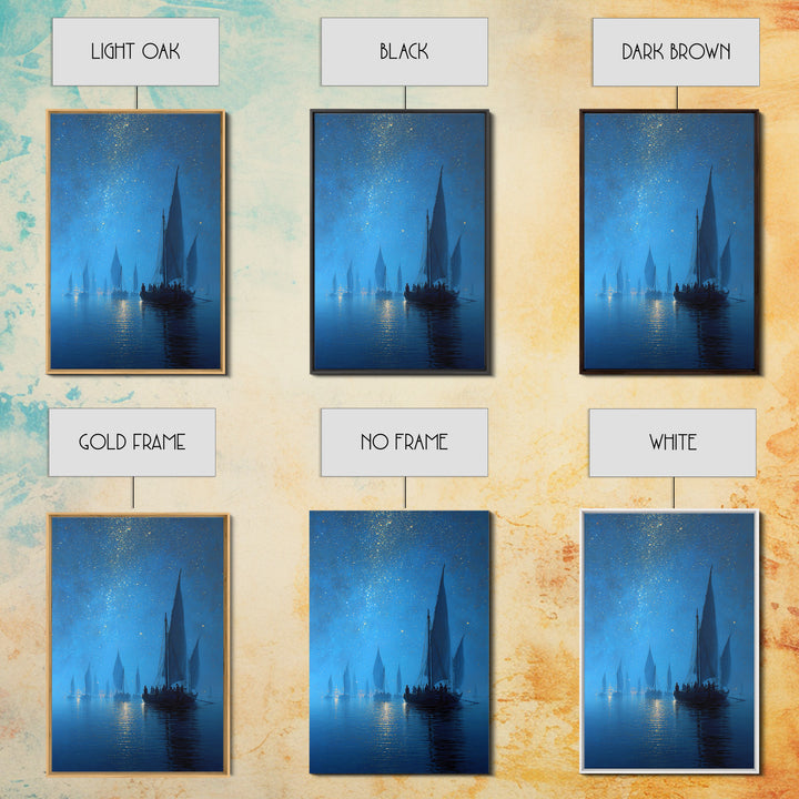Starry Night Sailboat Scene With Glittering Sky And Calm Water - Modern Wall Art For Living Room Decor