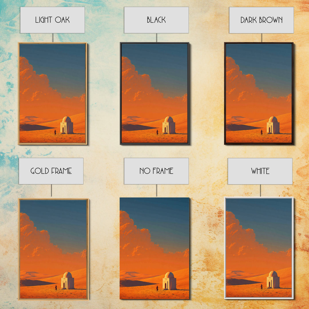 Desert Landscape With Monochrome Architecture And Vibrant Orange Sky Wall Art Framed Canvas Print For Home