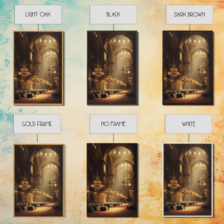 Majestic Mosque Interior With Warm Golden Light And Praying Crowd Religious Wall Art Perfect Home Decor