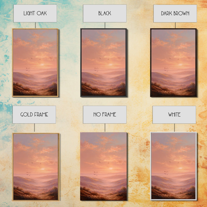Golden Sunset Mountain Valley With Birds Framed Canvas Print, Landscape Wall Art, Warm Nature Decor, Living Room Wall Decor