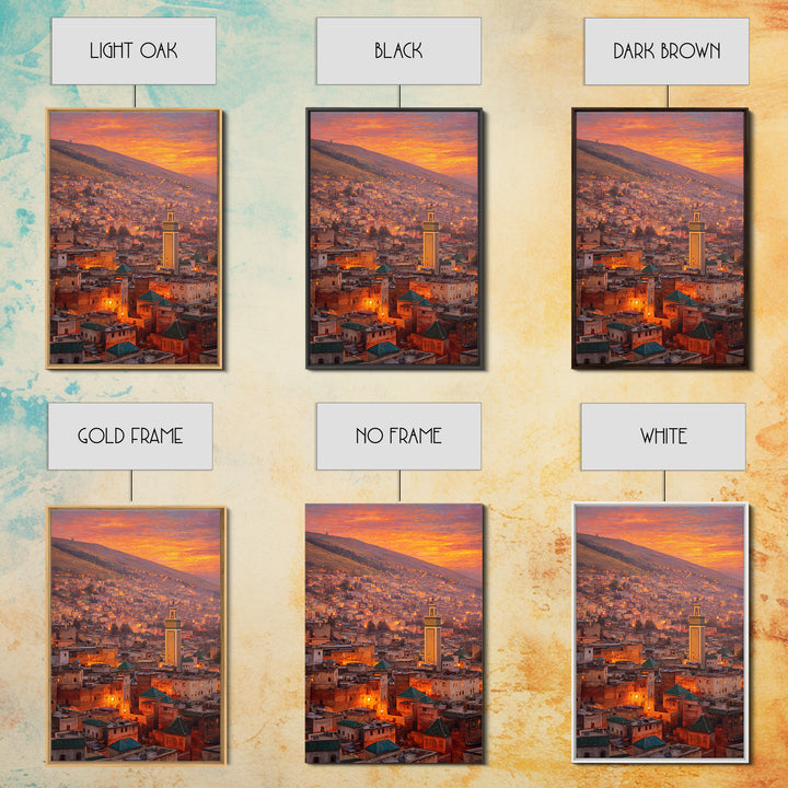 Sunlit Moroccan Cityscape At Dawn With Vibrant Orange Hues And Traditional Green Tiled Roofs Wall Art