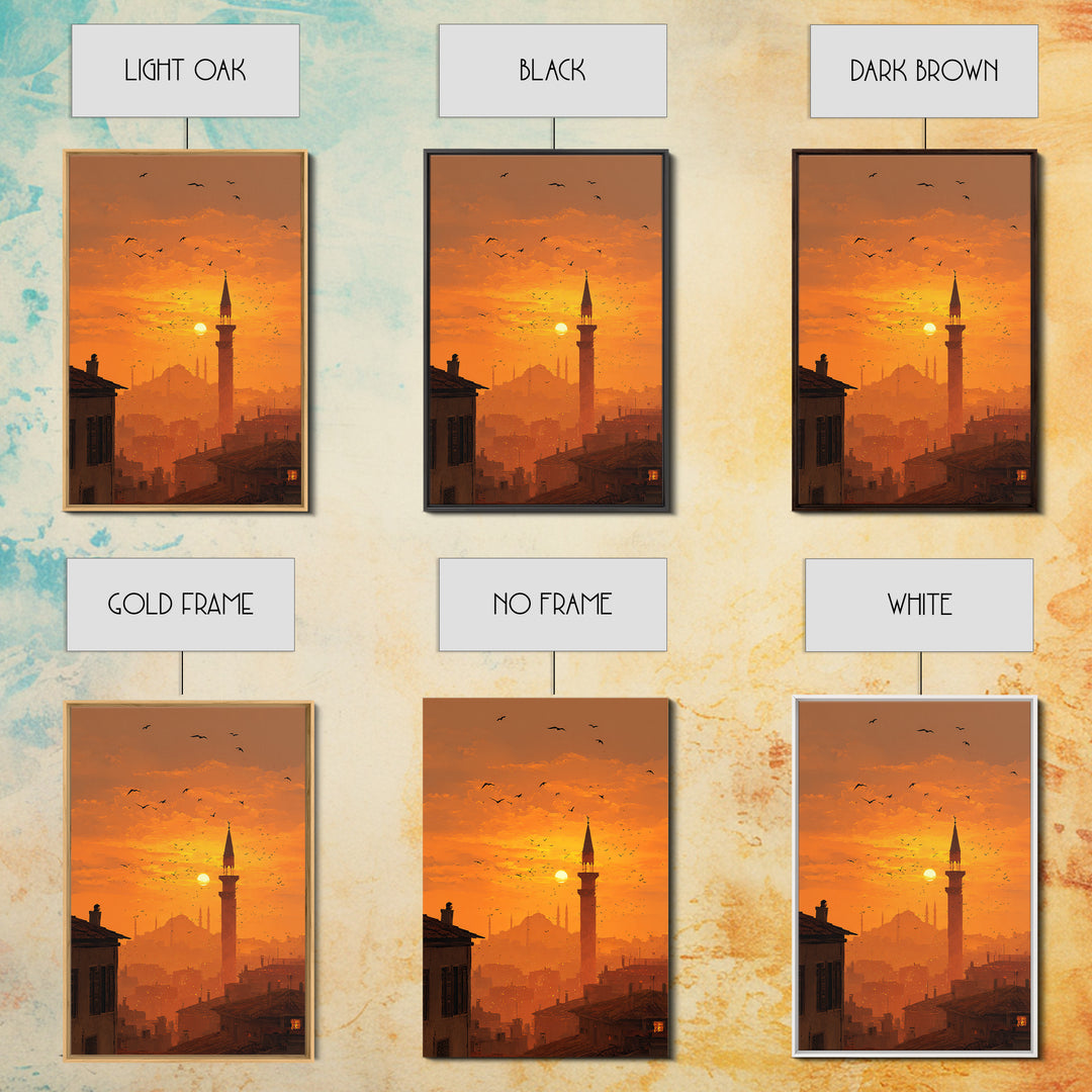 Golden Hour Sunset Over Cityscape With Birds Flying Wall Art Canvas Print For Warm Home Decor And Relaxing Living Room