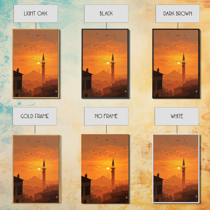 Golden Hour Sunset Over Cityscape With Birds Flying Wall Art Canvas Print For Warm Home Decor And Relaxing Living Room