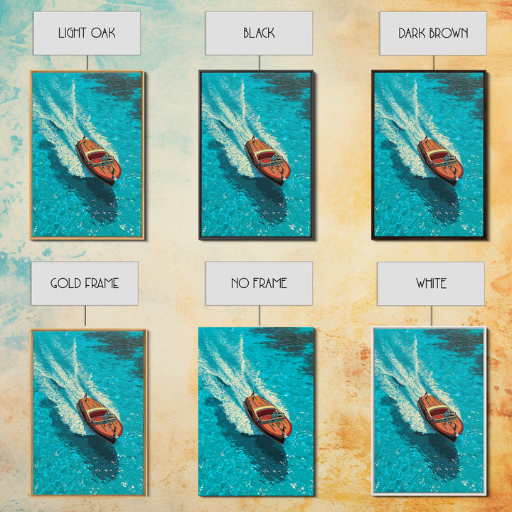 Classic Wooden Speedboat Zooming Through Deep Blue Water - Vibrant Canvas Print For Coastal Wall Art