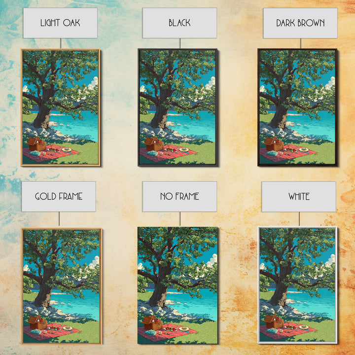 Peaceful Picnic Beside Lake With Oak Tree And Bright Blue Water Canvas Print Modern Wall Art For Living Room