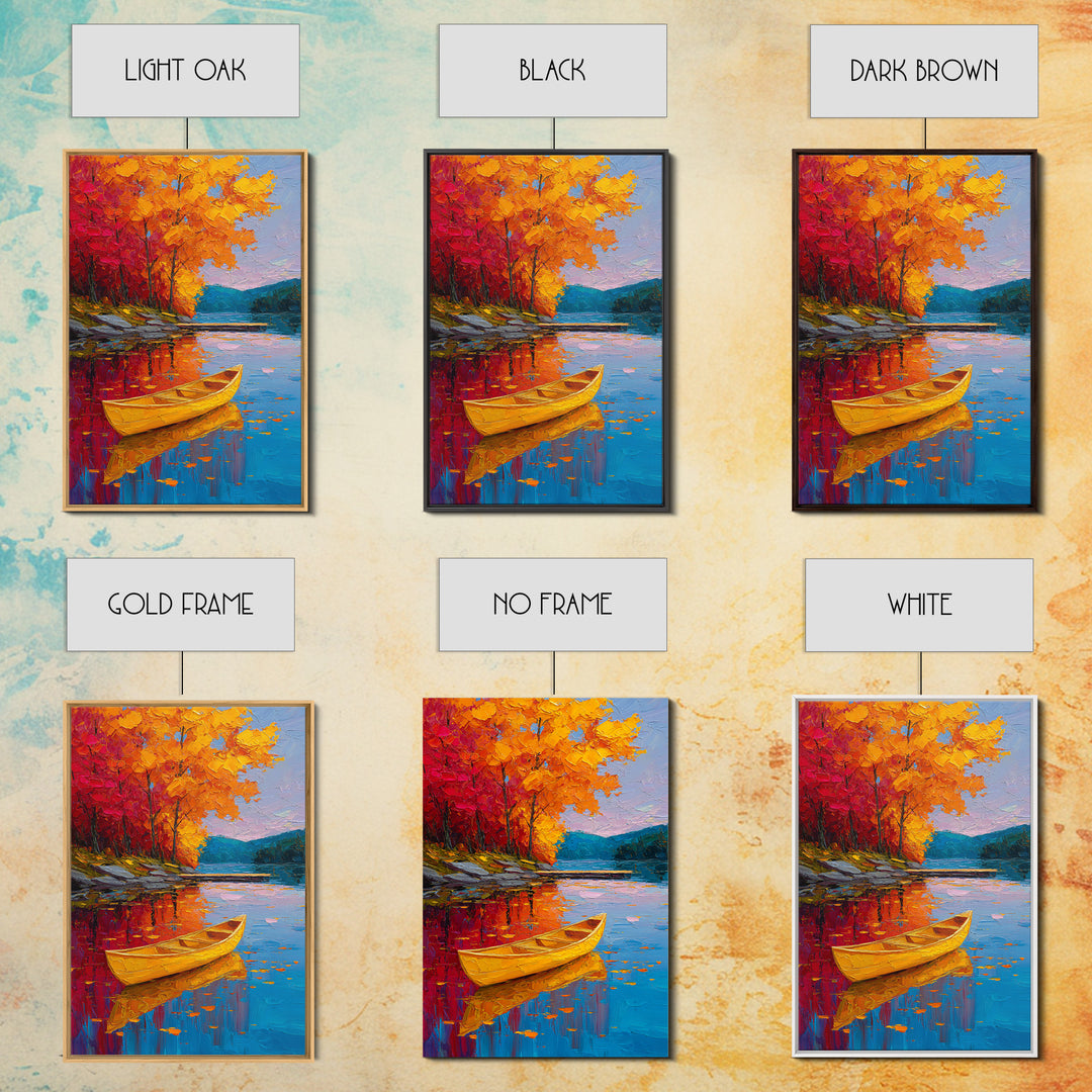 Vibrant Autumn Lake Scene With Yellow Canoe And Colorful Trees Wall Art Framed Canvas Print Fall Landscape Home Decor