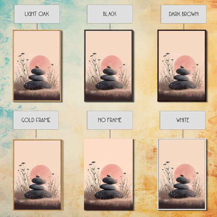 Stacked Zen Stones In Blush Grass Framed Canvas Print, Meditation Wall Art, Spa Wall Decor, Calming Minimalist Art, Peaceful Home Decor