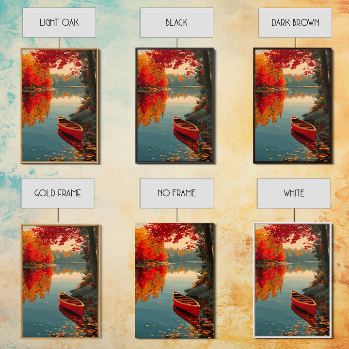 Red Autumn Maple Trees By Calm Lake With Canoe Scenic Painting Wall Art Framed Canvas Print For Home