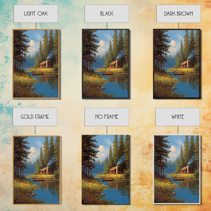 Cozy Cabin By Peaceful River Landscape Painting Canvas Print Natural Wall Art Decor Framed Canvas Print