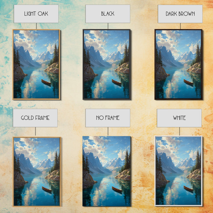 Majestic Mountain Lake Landscape Painting With Canoe In Foreground Vibrant And Serene Nature Scene Wall Art Print For Rustic Living Room Decor Canvas Print