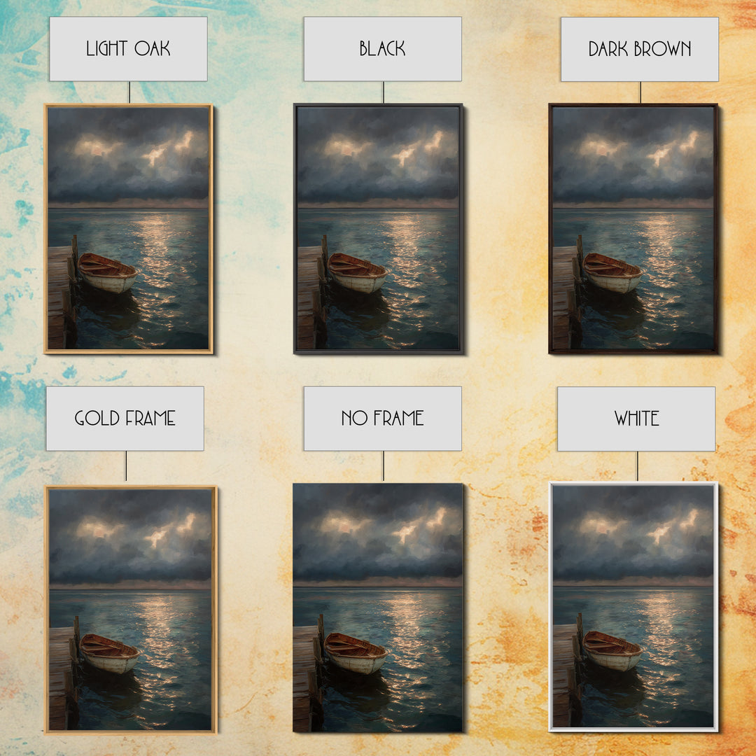 Serene Boat At Dock Under Dramatic Cloudy Sky Sunset Seascape Canvas Print For Coastal Living Room Decor Wall Art