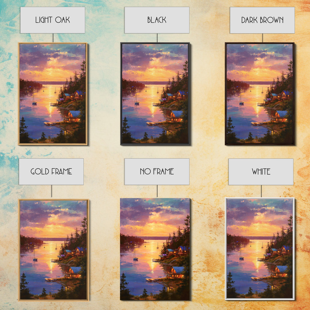 Sunset Lake House Fine Art Oil Painting Wall Art Framed Canvas Print Cozy Landscape Home Decor For Living Room