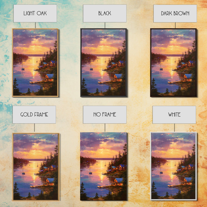 Sunset Lake House Fine Art Oil Painting Wall Art Framed Canvas Print Cozy Landscape Home Decor For Living Room