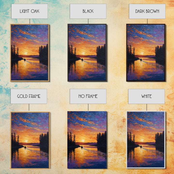Vibrant Sunset Over Peaceful Lake With Lone Boatman Silhouette Wall Art Framed Canvas Print For Living Room Decor