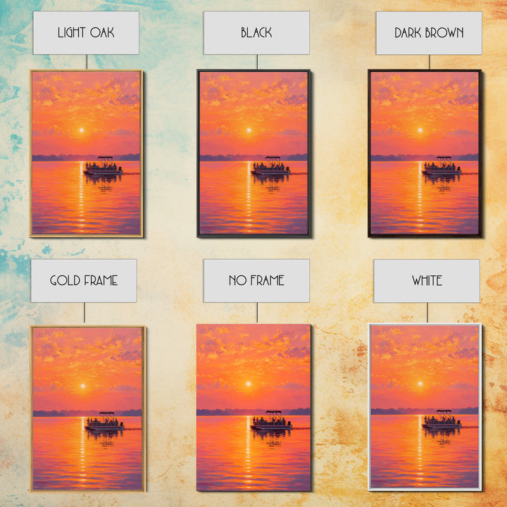 Sunset Boat On Calm Water Painting With Vibrant Orange Hues Capturing Peaceful Twilight Scene Large Wall Art Canvas Print For Living Room Decor And Gift
