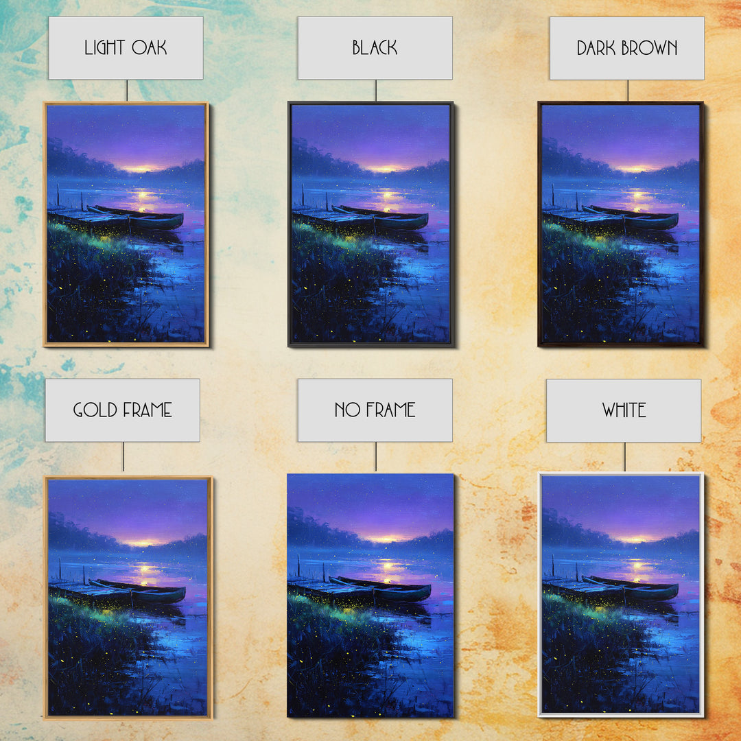 Serene Twilight Lake With Boats Painting Canvas Print Wall Art For Relaxing Home Decor Or Office Space Accent