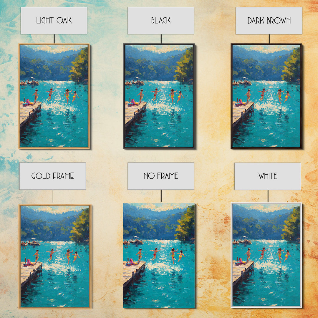 Children Jumping Into A Lake Summer Scene Painting Fine Art Canvas Print Relaxing Wall Art Decor