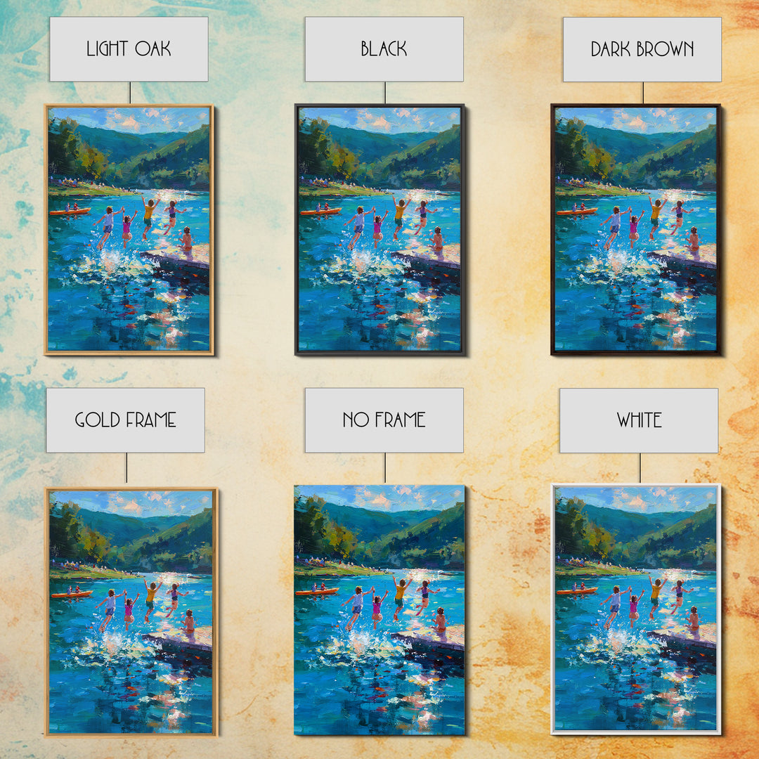 Children Playing At Summer Lake Scene Joyful Landscape Painting Large Wall Art Canvas Print