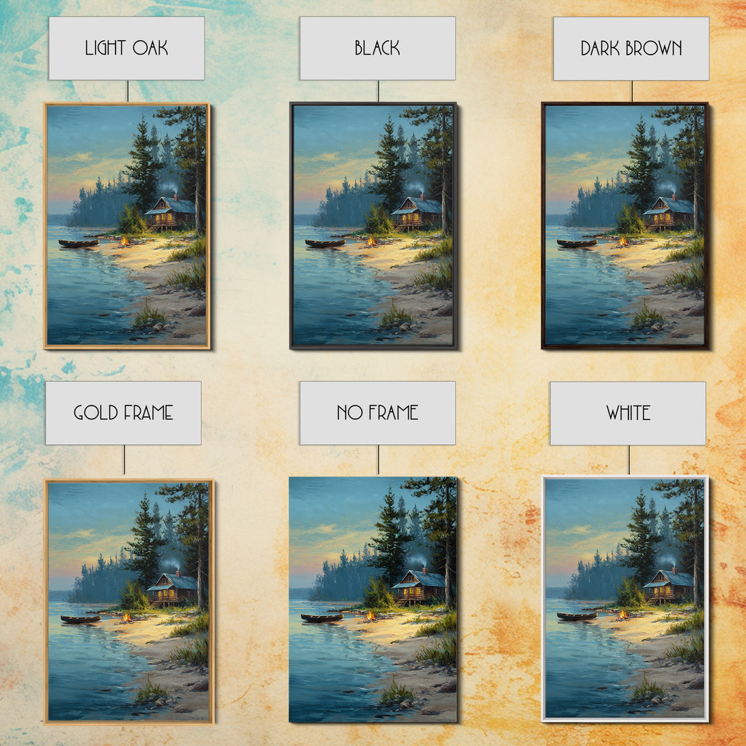 Peaceful Lakeside Cabin Painting At Dusk With Campfire And Canoe Scenic Landscape Art Print For Rustic Home Decor Bedroom Wall Art Framed Canvas Print