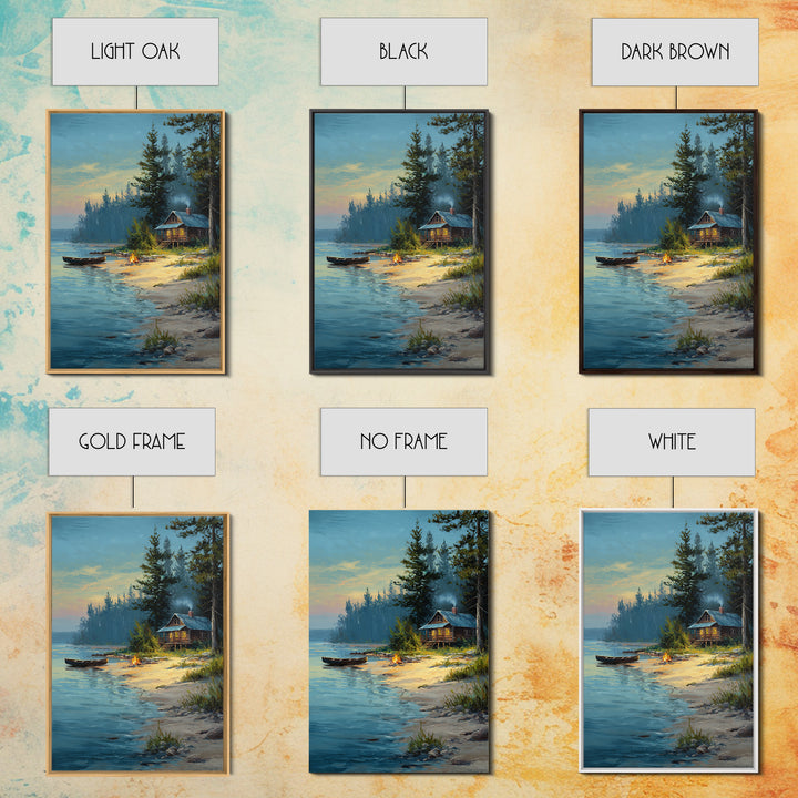 Peaceful Lakeside Cabin Painting At Dusk With Campfire And Canoe Scenic Landscape Art Print For Rustic Home Decor Bedroom Wall Art Framed Canvas Print