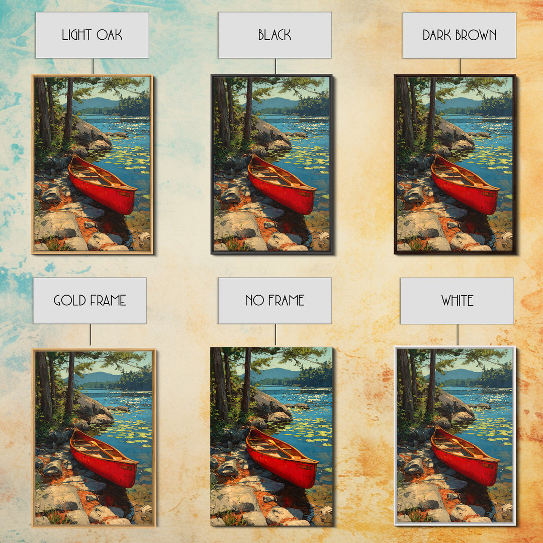 Vibrant Red Canoe On Lush Lakeside Nature Landscape Oil Painting Canvas Print For Cabin Decor And Rustic Wall Art