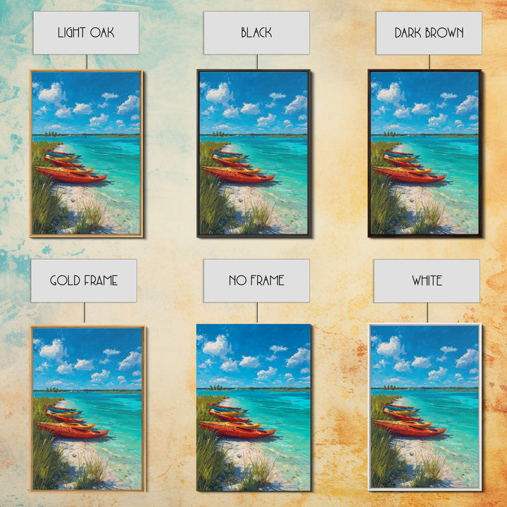 Bright Kayaks By Turquoise Water Under Blue Sky Canvas Print Large Coastal Wall Art For Living Room Decor