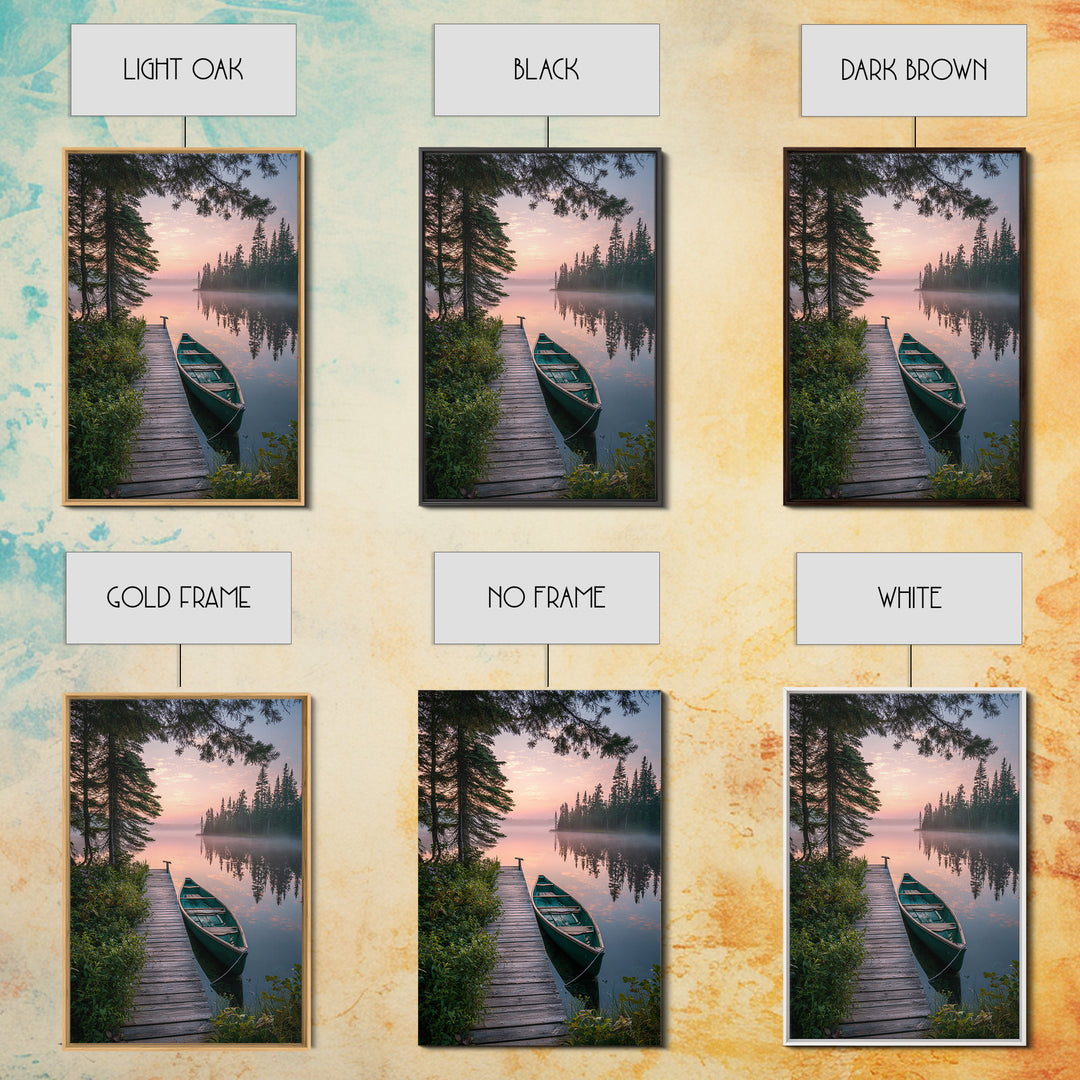 Serene Lake Dock With Canoe Landscape Wall Art Nature Photography Calm Framed Canvas Print
