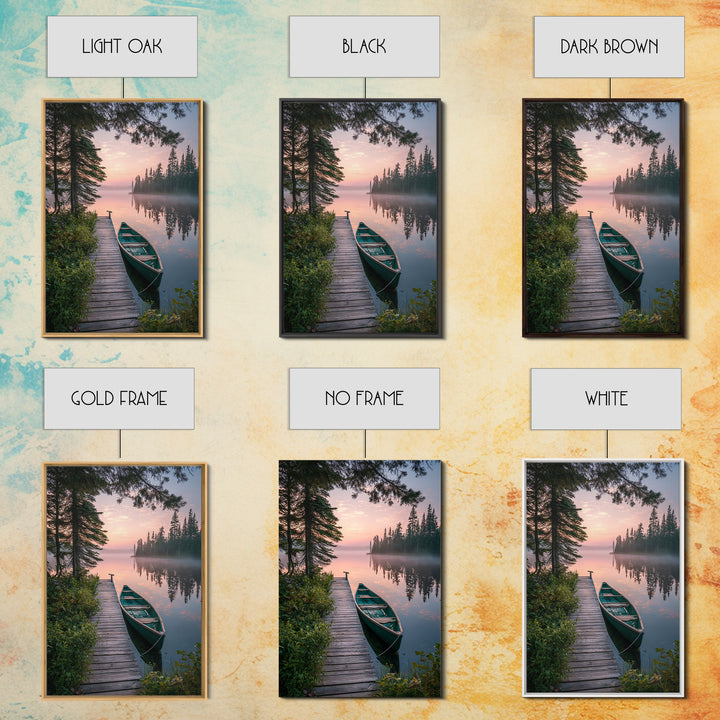 Serene Lake Dock With Canoe Landscape Wall Art Nature Photography Calm Framed Canvas Print