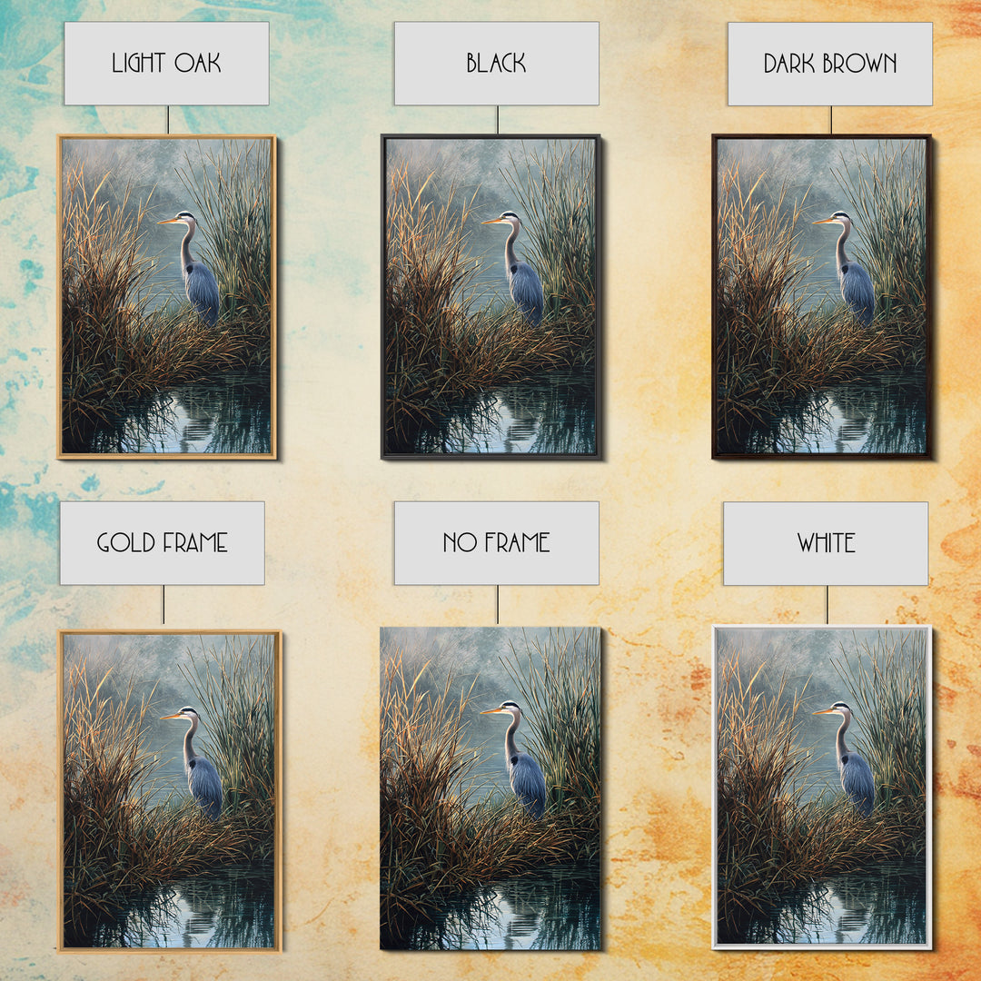 Realistic Blue Heron In Marshland Nature Scene Wall Art Fine Art Print Coastal Wall Decor Framed Canvas Print