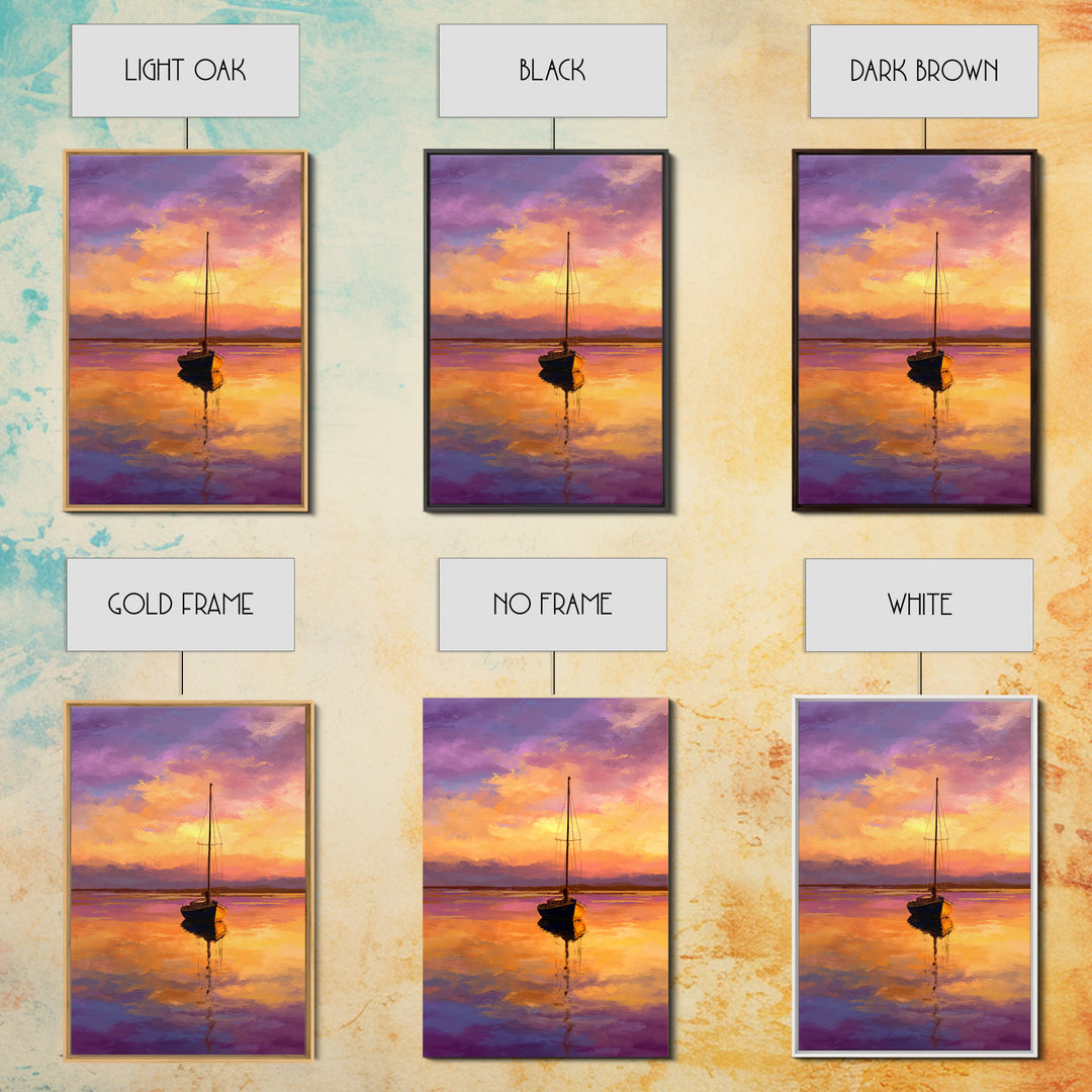 Colorful Sailboat At Sunset Over Calm Water Ocean Scene Painting | Tranquil Wall Art Modern Home Decor Framed Canvas Print