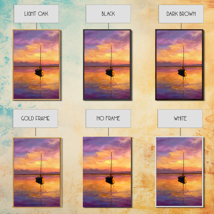 Colorful Sailboat At Sunset Over Calm Water Ocean Scene Painting | Tranquil Wall Art Modern Home Decor Framed Canvas Print