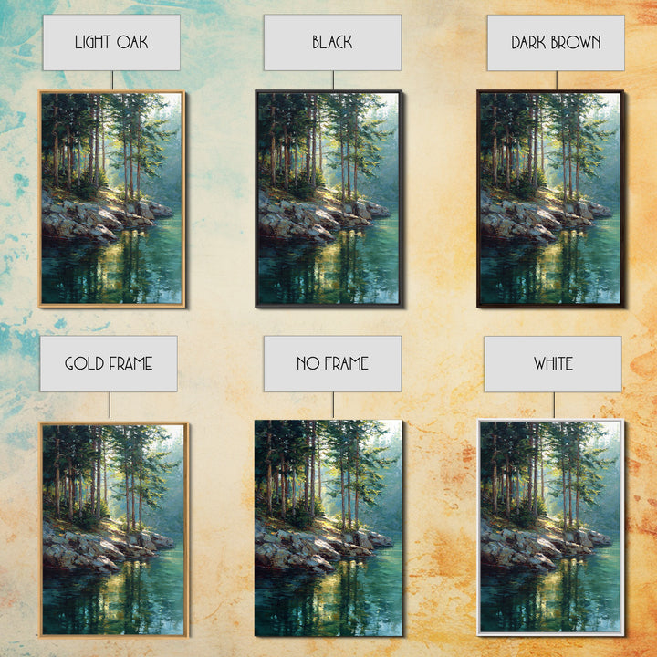 Sunlit Pine Forest Lake Painting Wall Art, Nature Landscape Art Print, Cabin Decor, Rustic Living Room Wall Decor Gift For Her
