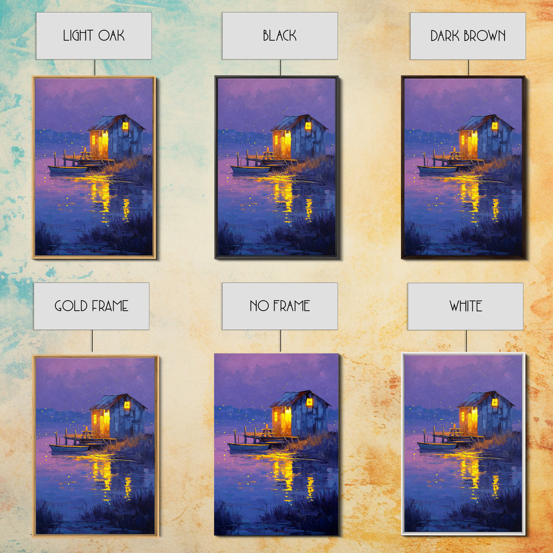 Rustic Night Lakeside Cabin With Boat Oil Painting Wall Art For Cozy Living Room Decor And Tranquil Bedroom Framed Canvas Print