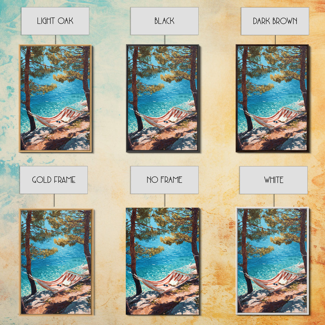 Tranquil Coastal Scene With Hammock Overlooking Sparkling Blue Ocean Landscape Painting Canvas Print Framed Canvas Print Wall Art Decor