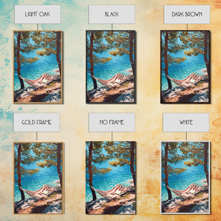 Tranquil Coastal Scene With Hammock Overlooking Sparkling Blue Ocean Landscape Painting Canvas Print Framed Canvas Print Wall Art Decor